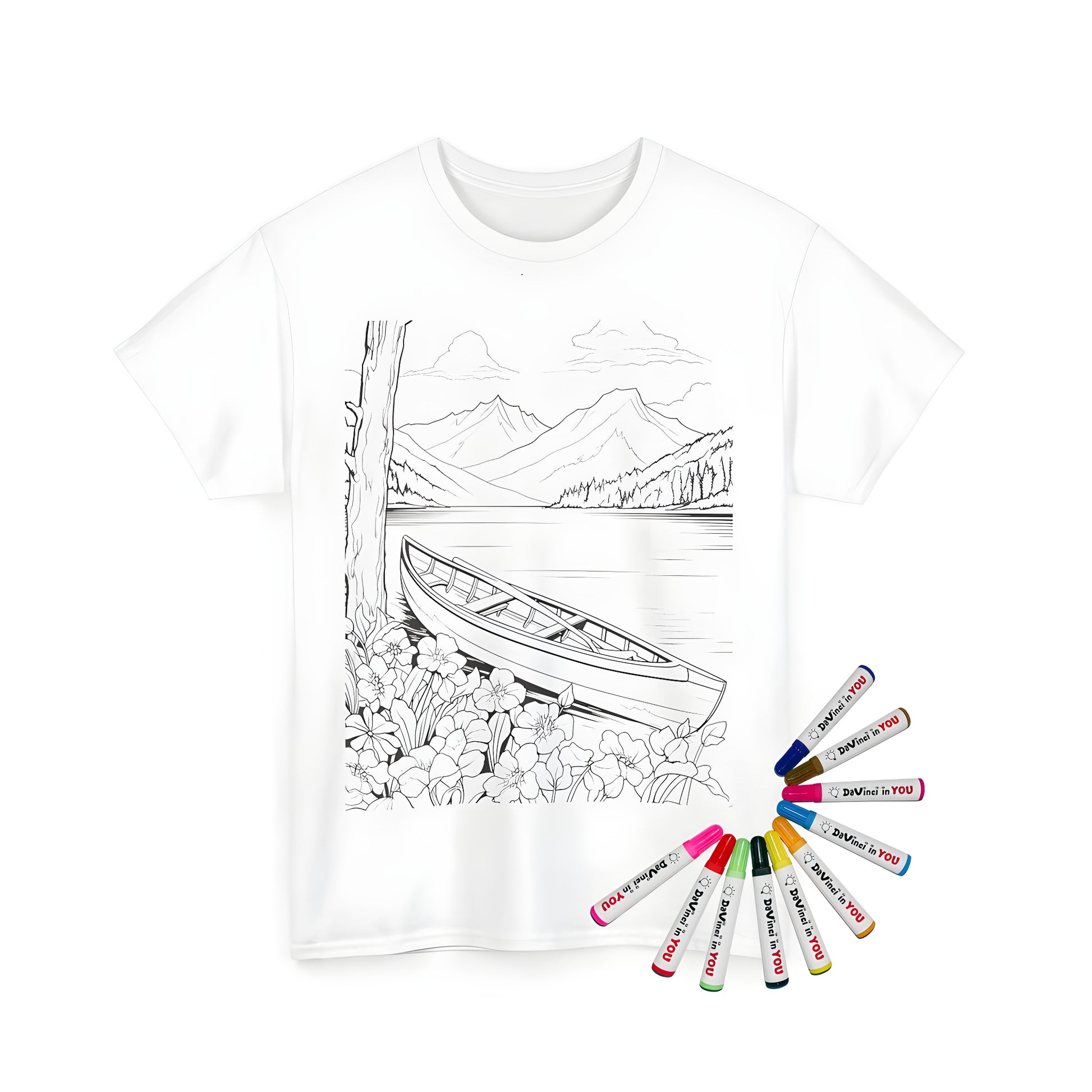 Lakeside scene coloring page on unisex t-shirt