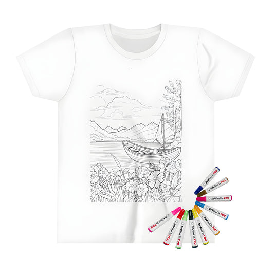 Coloring page inspired lakeside scene on a kid's t-shirt with sailboat and flowers