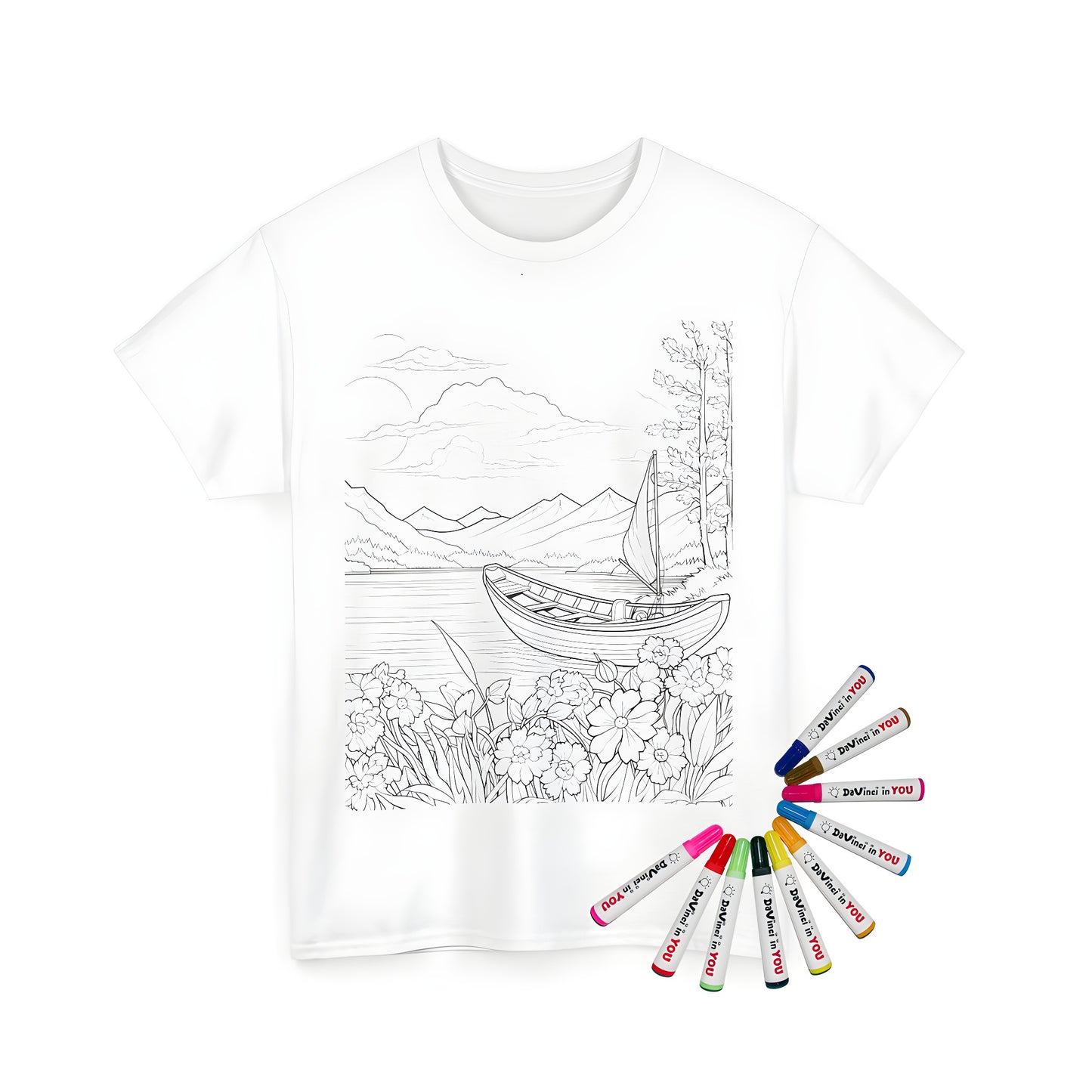 Serene lakeside scene coloring kit for adults featuring sailboat, flowers, mountains, and watercolor art on a unisex t-shirt