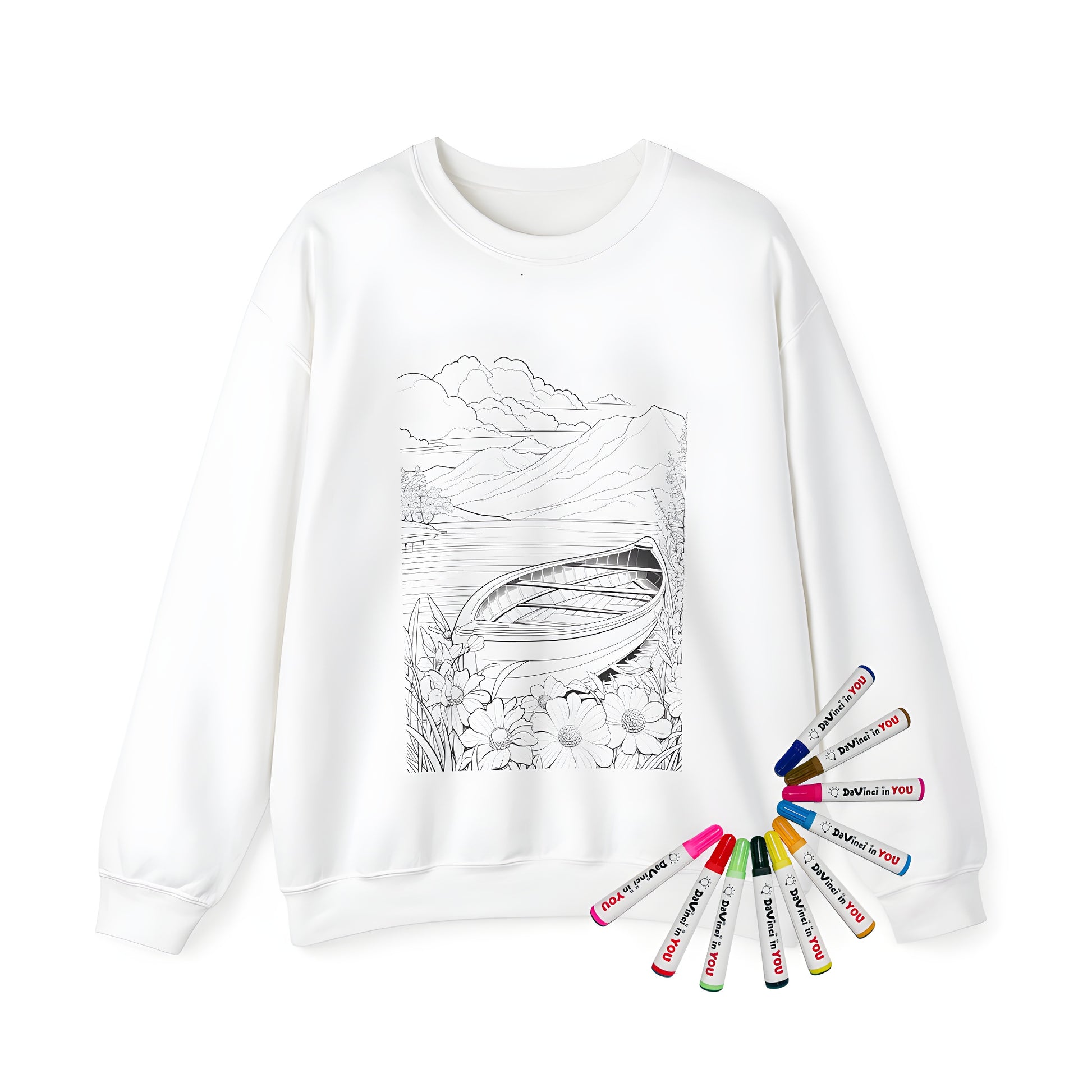 Adult sweatshirt featuring a serene lake scene with a boat and flowers, set against a mountainous backdrop