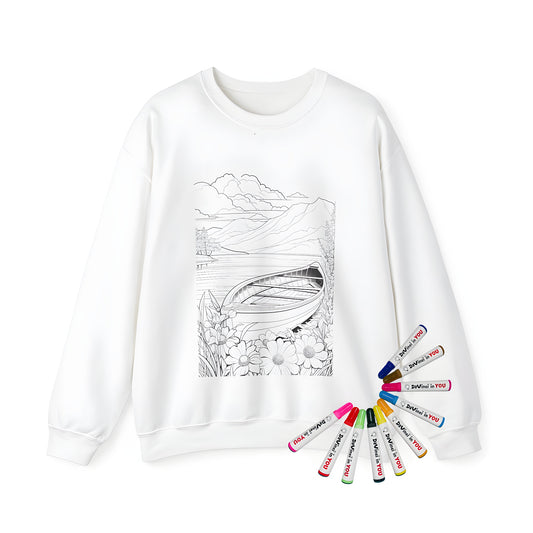 Adult sweatshirt featuring a serene lake scene with a boat and flowers, set against a mountainous backdrop