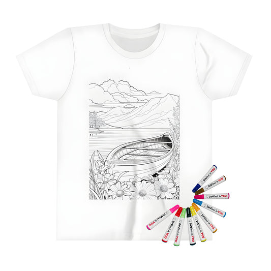 Kid's t-shirt featuring a boat on a serene lake scene with flowers, mountains, and clouds