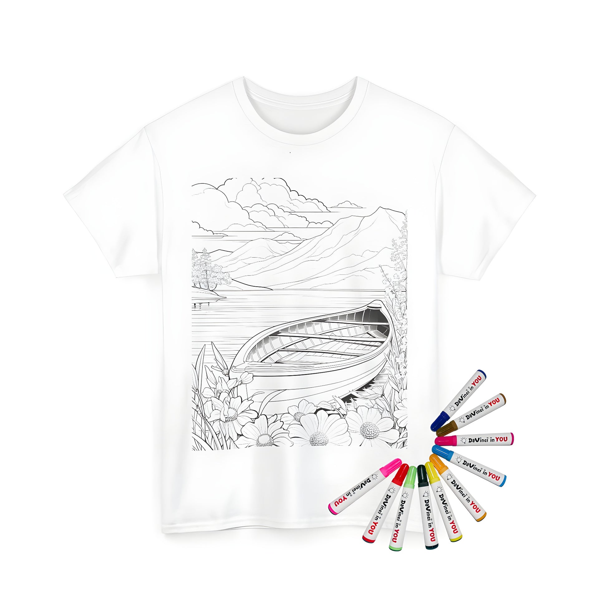 Serene landscape t-shirt for men or women featuring boat on lake