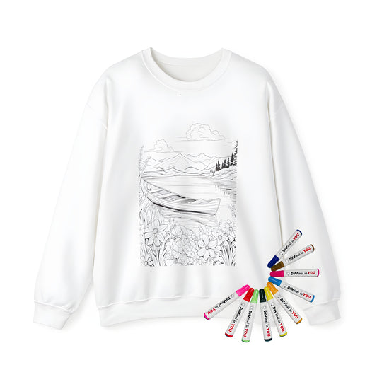 Adult sweatshirt featuring serene mountain lake scene with boat, flowers, and trees in black and white