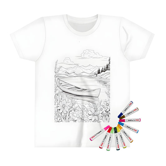 Serene lake scene with wooden boat kids t-shirt design - black and white coloring art print