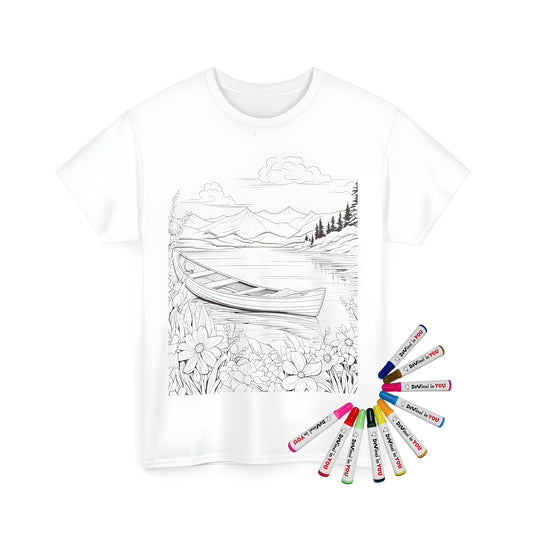 Serene lake scenery Unisex T-shirt with boat and flowers coloring page design