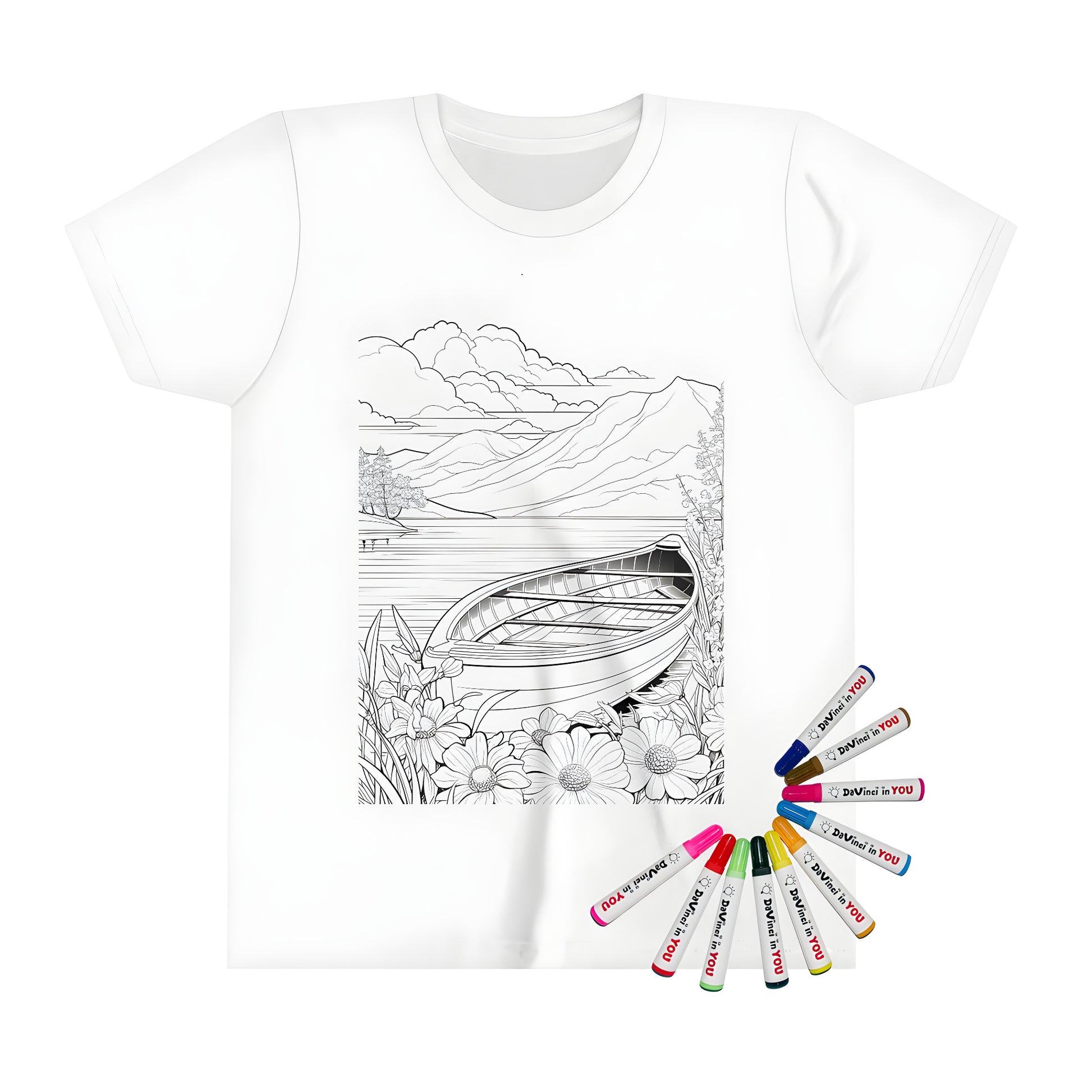 Coloring page t-shirt design of mountains landscape with lake at background