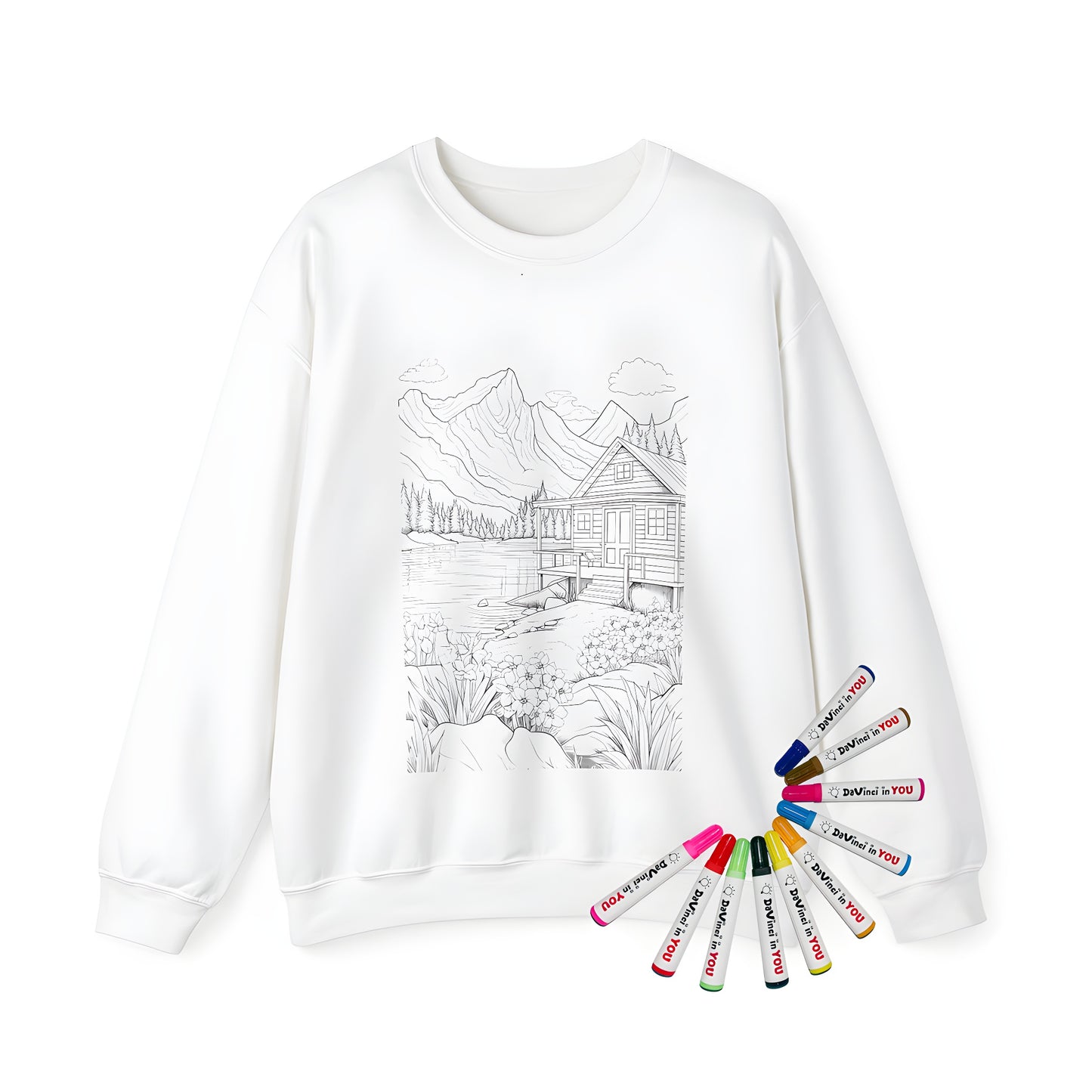 Adult sweatshirt with cozy cabin scene design, featuring serene lake and majestic mountain backdrop