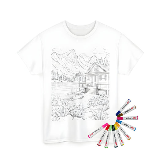 Unisex tee with coloring page design of serene cabin scene by lake and mountains