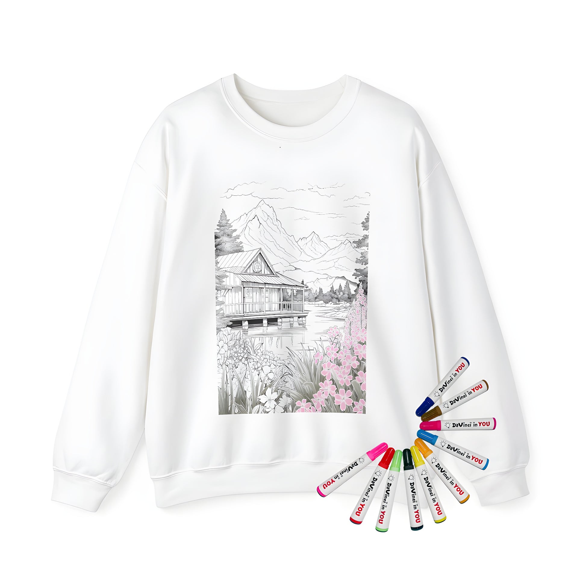 Adult sweatshirt with detailed grayscale landscape design of wooden cabin by lake, surrounded by flowers and mountains