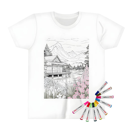 Detailed grayscale landscape kid's t-shirt with wooden cabin by lake, surrounded by flowers and mountains