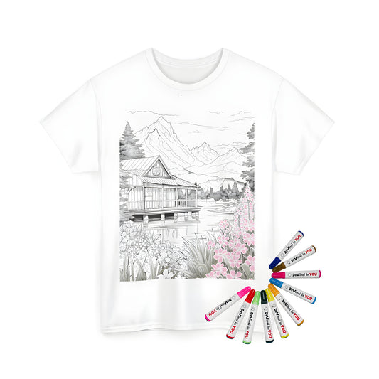 Cozy cabin landscape t-shirt with vibrant floral colors