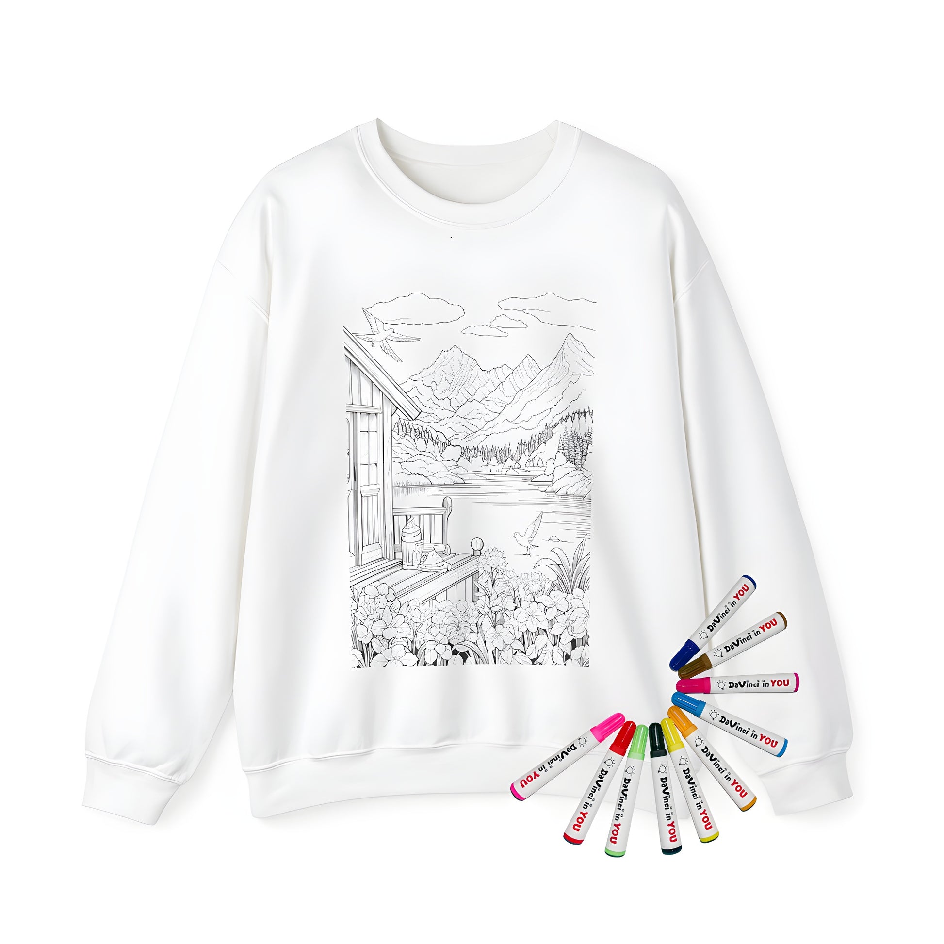 Adult sweatshirt with vibrant mountain scenery design featuring serene nature elements