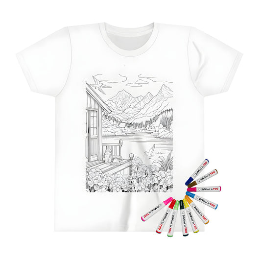 Coloring page inspired kid's t-shirt with vibrant mountain landscape design