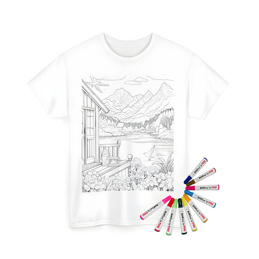 Colorful mountain landscape art on a unisex t-shirt