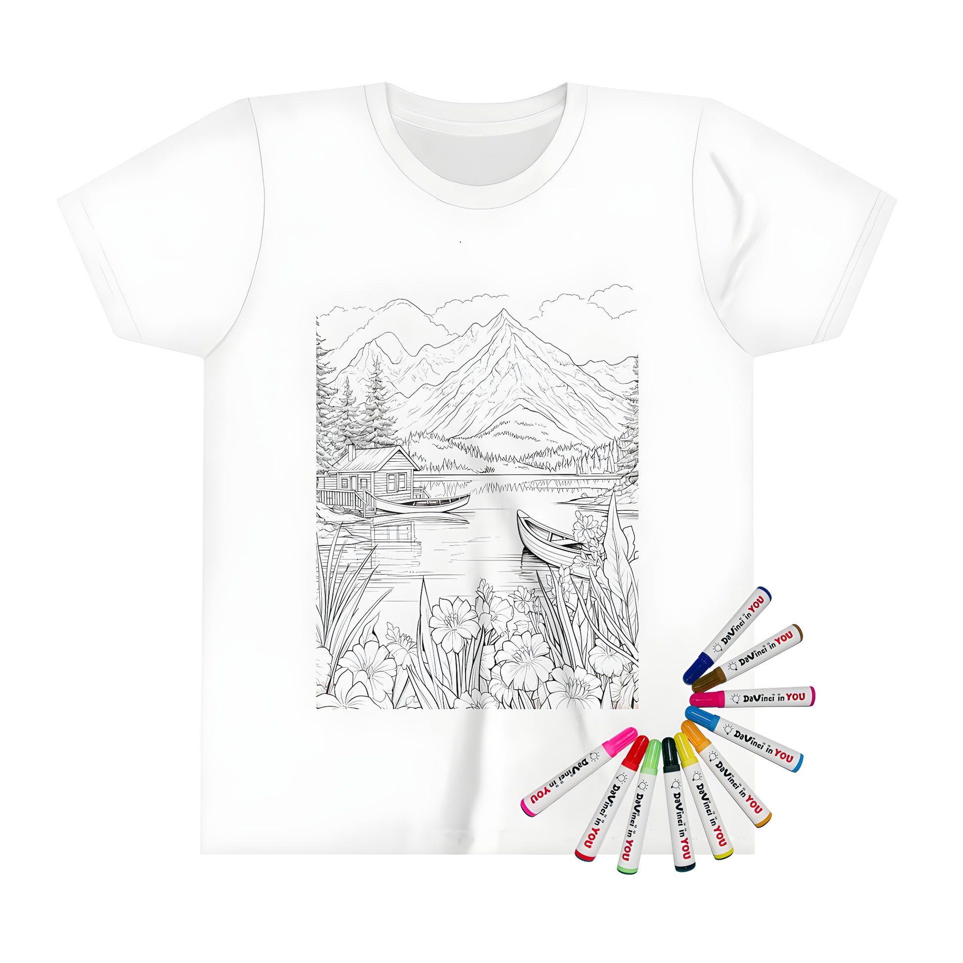 Coloring page inspired kid's t-shirt featuring serene lake scene with boats, small cabin, blooming flowers and mountain landscape