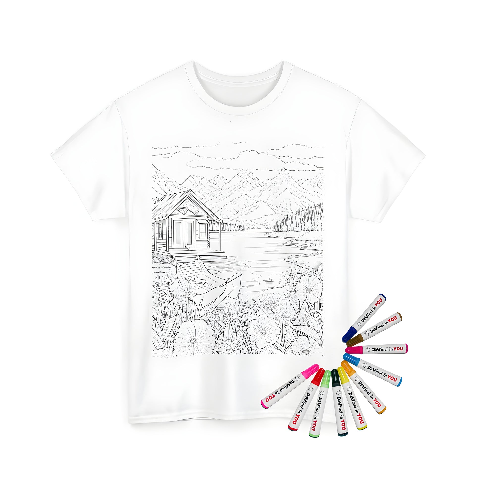 Coloring page inspired t-shirt with cabin on lake, flowers, mountains, and boat design