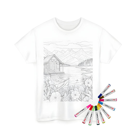 Coloring page inspired t-shirt with cabin on lake, flowers, mountains, and boat design