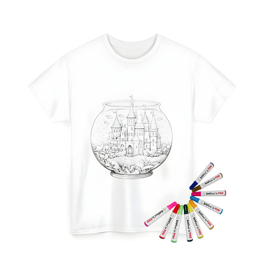 Coloring page design of a castle within a fishbowl illustration on a unisex t-shirt