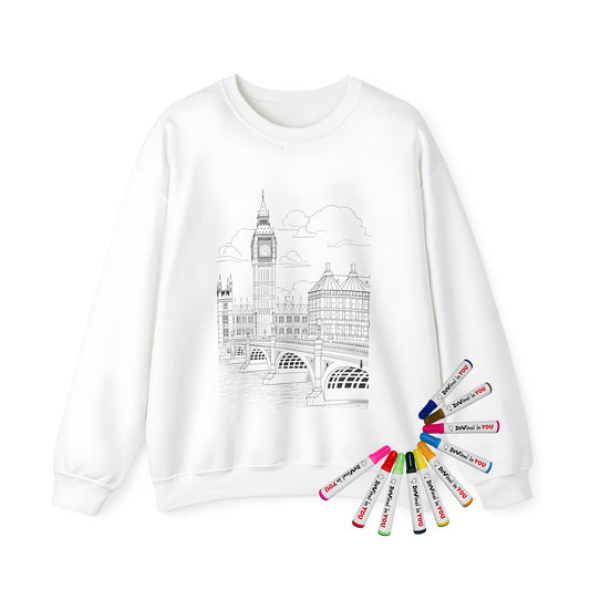 Adult sweatshirt featuring an outline drawing of London's iconic Big Ben and Westminster Bridge with detailed surrounding buildings and a flowing river. Unique and fun design for adults.