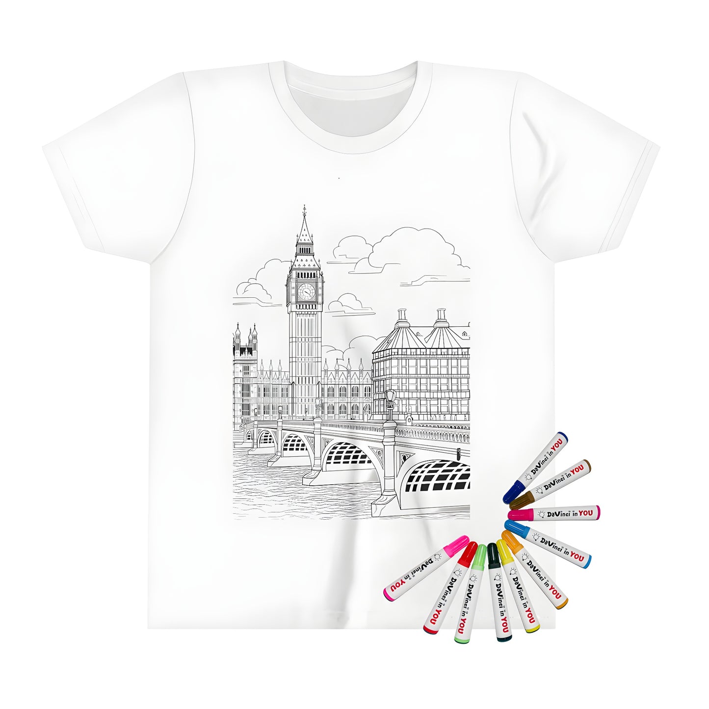 Kid's t-shirt featuring an outline drawing of London's iconic Big Ben and Westminster Bridge buildings with detailed surroundings and a flowing river