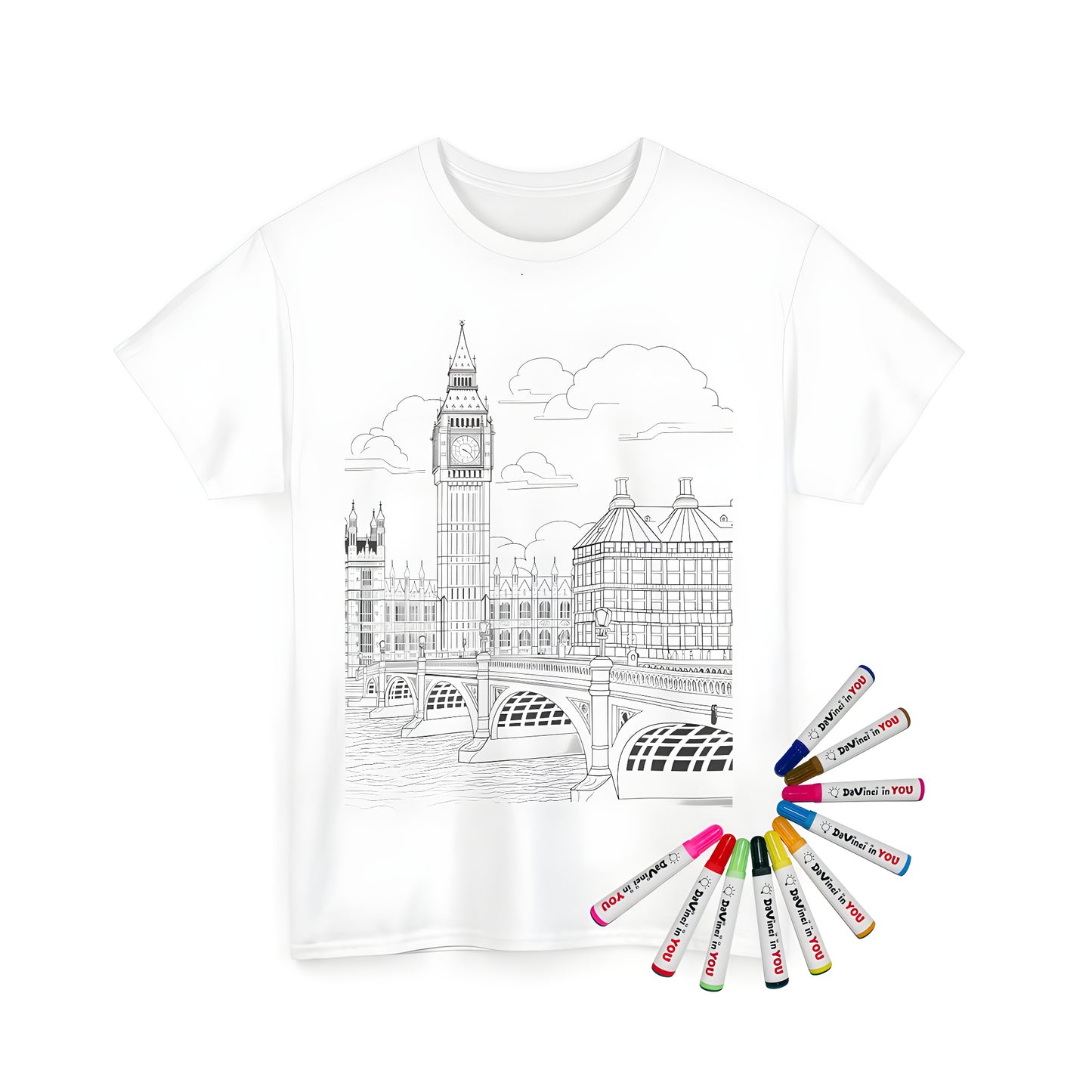 Unisex t-shirt featuring an outline drawing of London's Big Ben and Westminster Bridge with detailed surrounding buildings and a flowing river