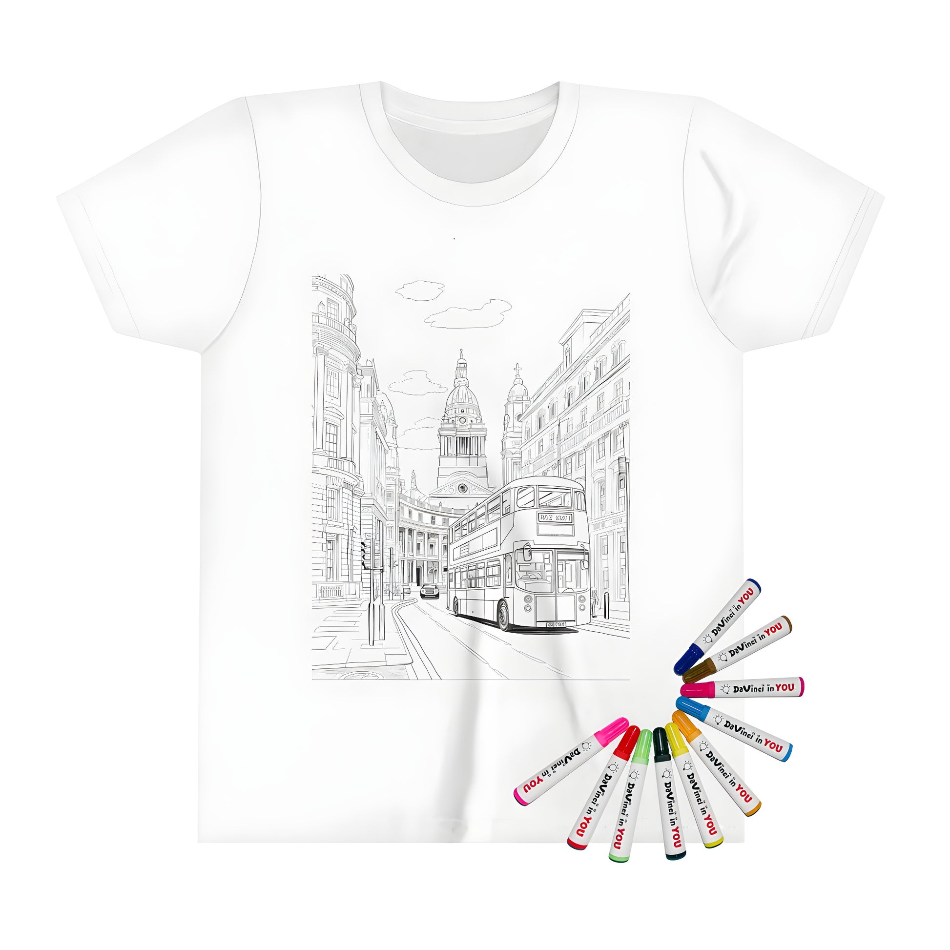 Coloring kit for kids with an urban cityscape print on a t-shirt, featuring a double-decker bus and historical buildings