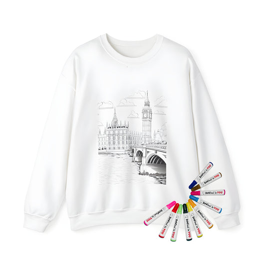 Adult sweatshirt featuring a colorful Big Ben London landmark design inspired by a black and white line drawing of famous buildings, bridges, rivers, and clouds