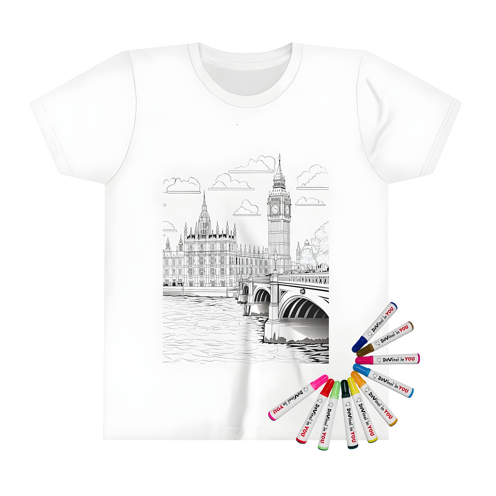 A kids' t-shirt featuring an iconic London landmark, Westminster clock tower, and surrounding cityscape in black and white line drawing