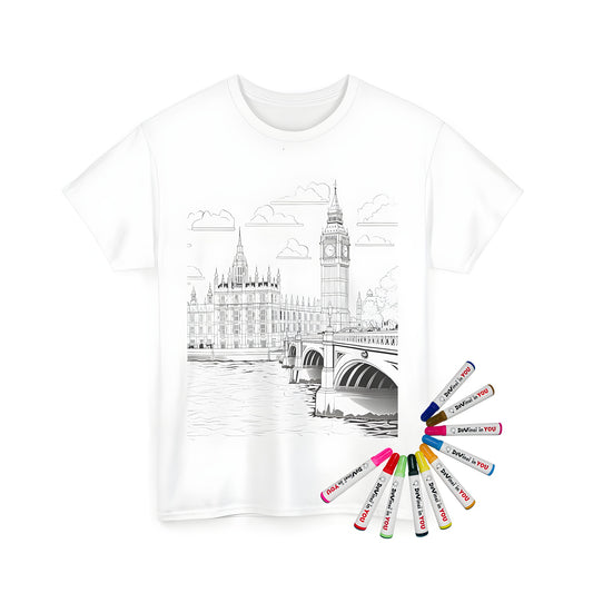 Unisex T-shirt featuring a line drawing of The Clock Tower London landmark, a iconic symbol of England