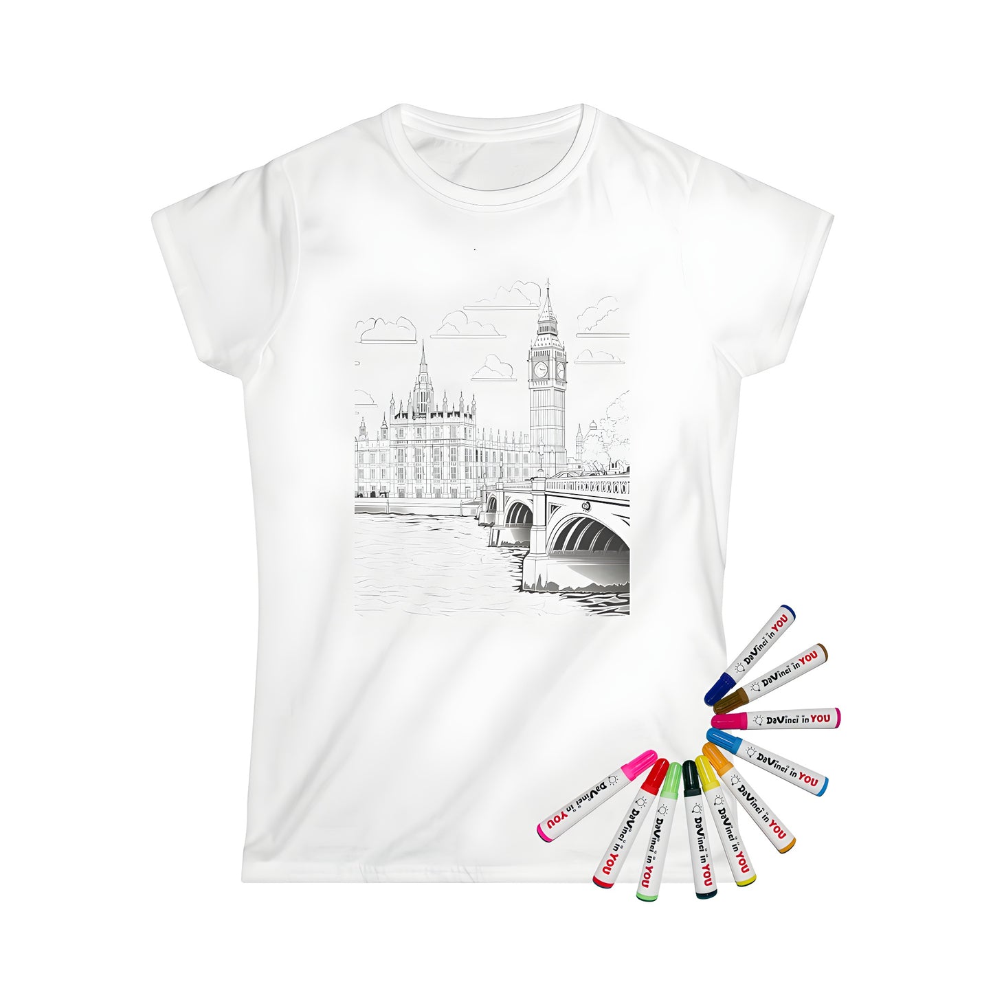 Women's Big Ben London landmark t-shirt coloring kit with 10 fabric markers