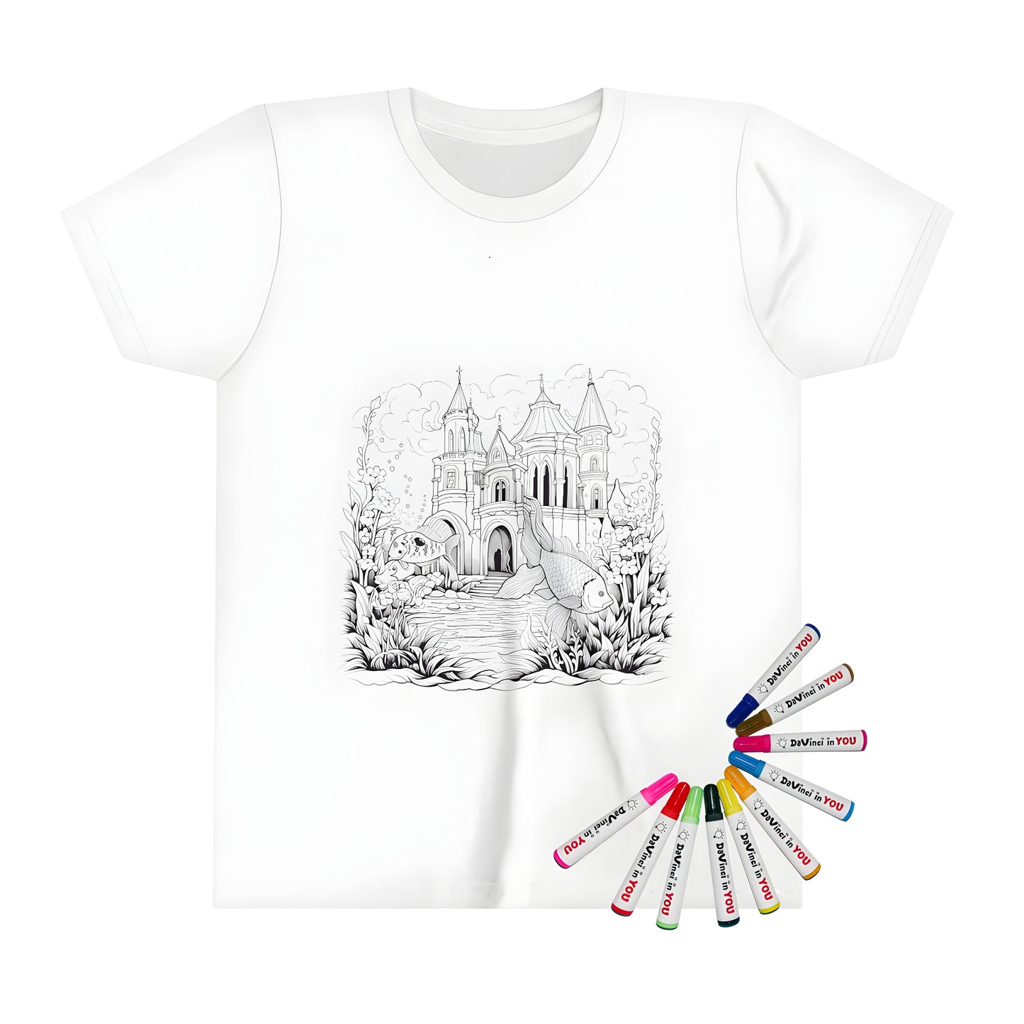 Kids' t-shirt featuring a castle scene with fish and underwater elements