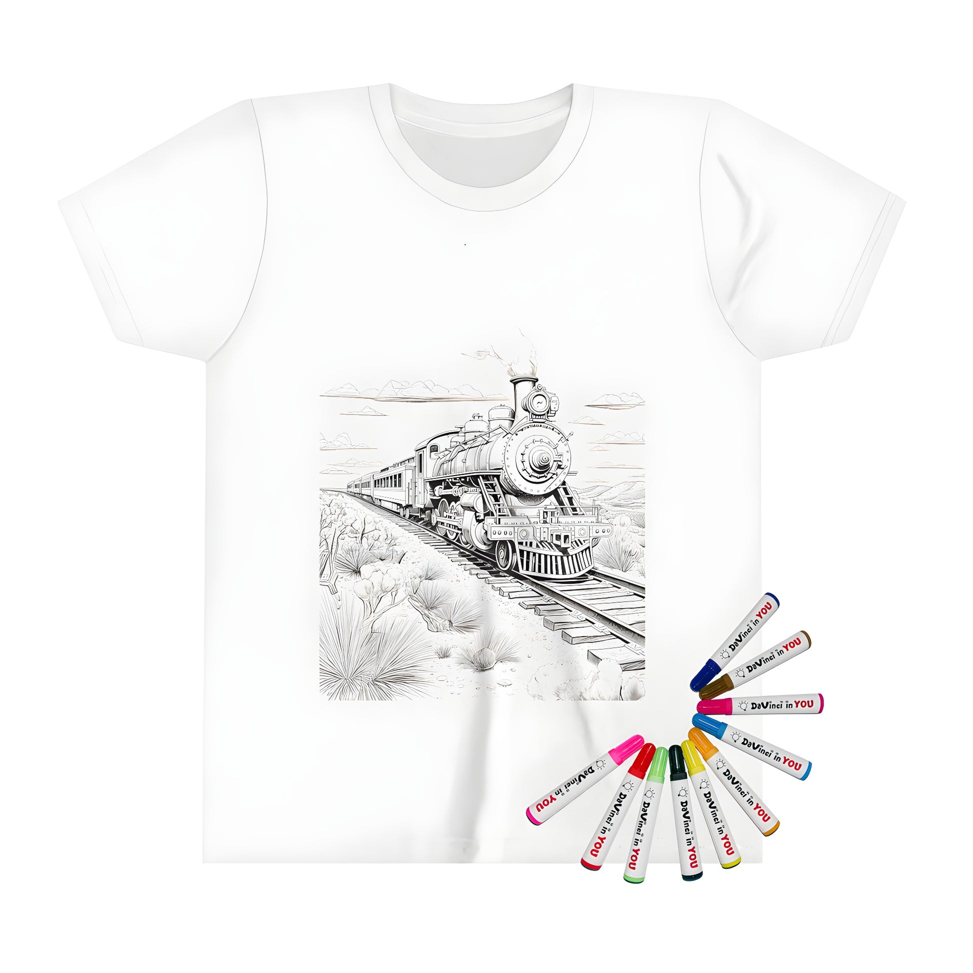 Kid's t-shirt featuring an adorable steam engine train illustration, perfect for little ones who love trains and adventure