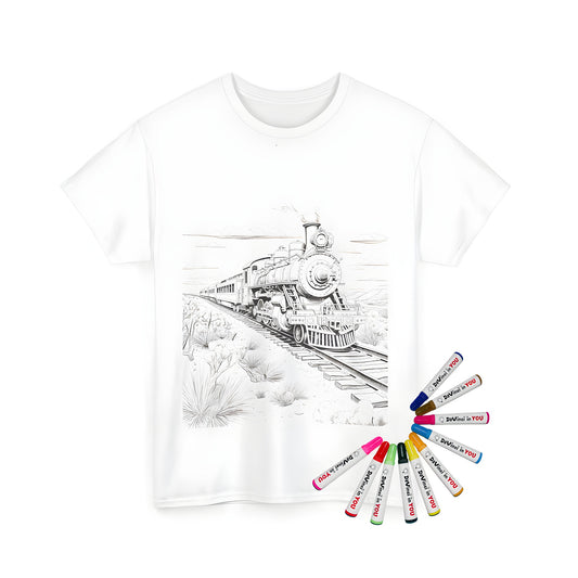 Unisex T-shirt featuring a colorful steam locomotive engine train art print illustration