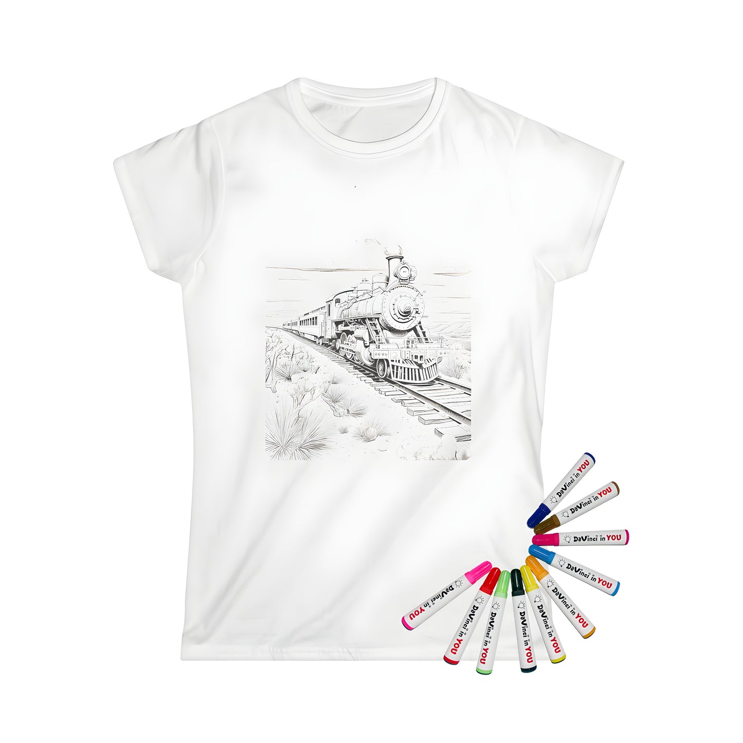 Women's graphic t-shirt featuring a colorful, detailed illustration of a train engine traveling through a desert landscape