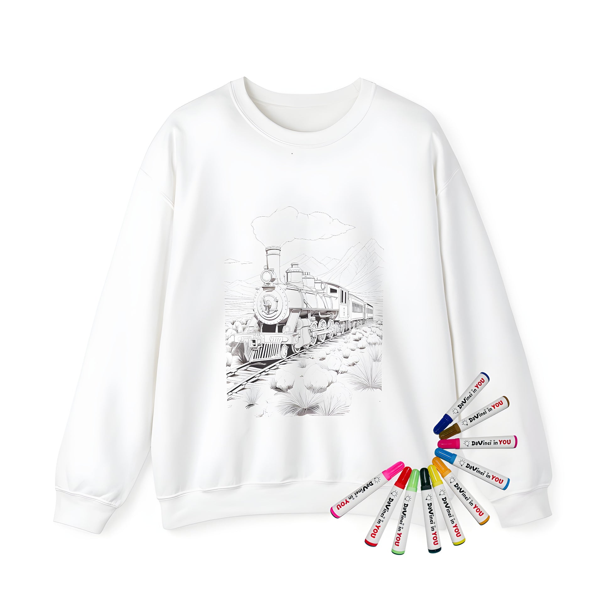 Adult sweatshirt featuring a detailed steam locomotive train illustration through desert landscape with mountains