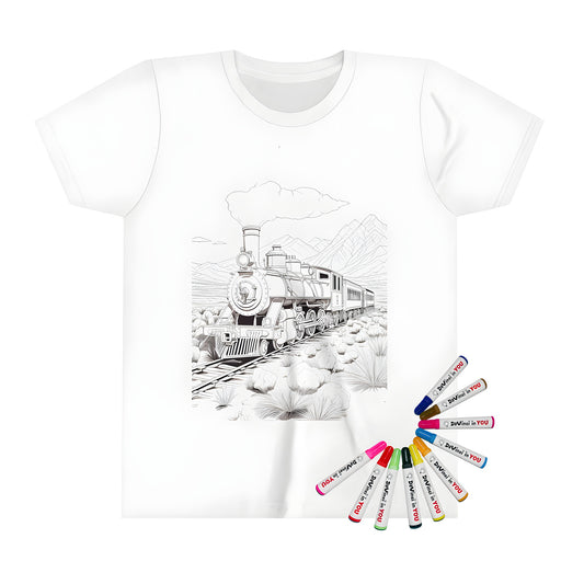 Colorful steam train travels through desert landscape with mountains background on a kid's t-shirt