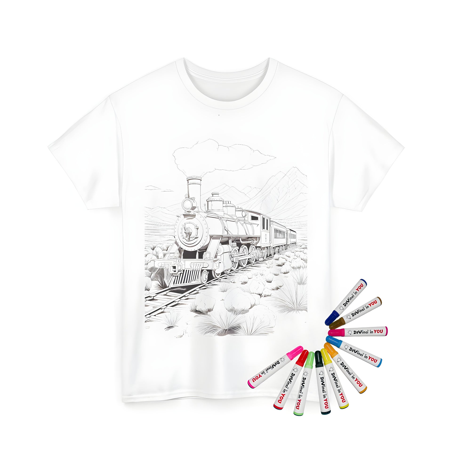 A steam locomotive chugging through a desert landscape with majestic mountains in the background, printed on a unisex t-shirt, for a unique coloring kit experience.