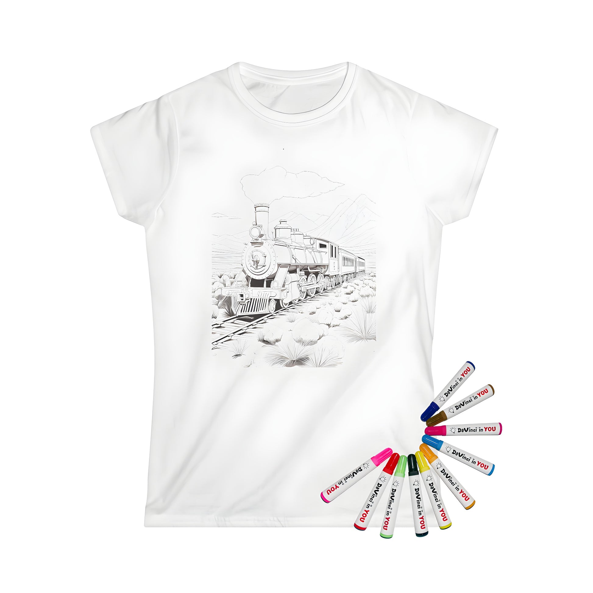 Women's t-shirt featuring a coloring page design of a train chugging through a desert landscape, mountains in the background, detailed black-and-white illustration