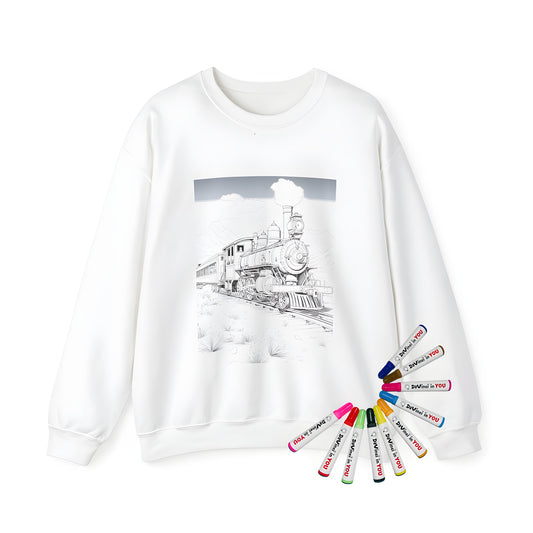 Adult Sweatshirts featuring vintage train designs, old locomotive illustrations, and classic railroad prints