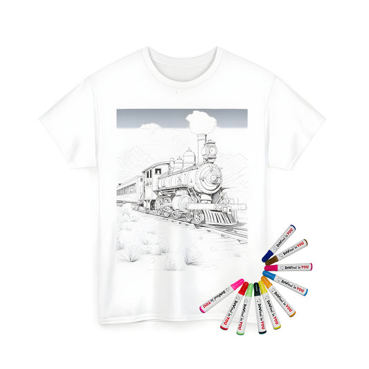 Coloring kit for adults and kids featuring a vintage steam train illustration on a unisex t-shirt. Includes fabric markers.