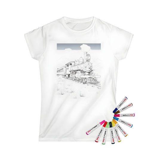 Detailed black and white illustration of a vintage steam train traveling through a mountainous desert landscape, printed on a comfortable Women's T-shirt. Great gift for train enthusiasts and anyone who loves adventure.