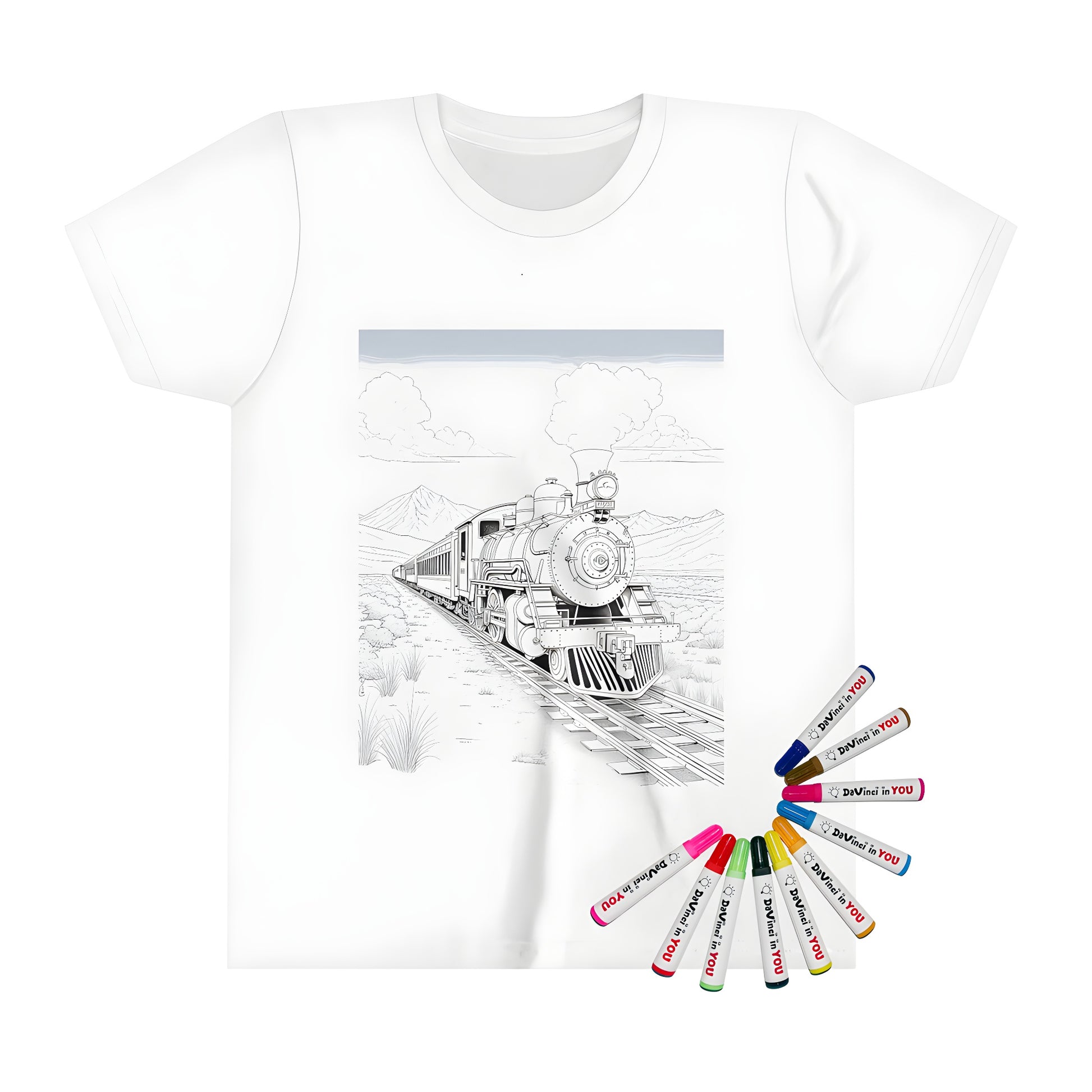 Coloring kit kid's t-shirt steam engine locomotive vintage transportation children's art train tracks countryside mountains clouds