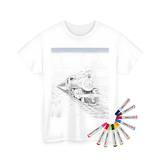 Vintage locomotive coloring page illustration on unisex t-shirt