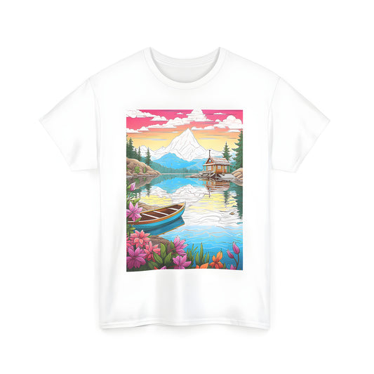 A vibrant lakeside retreat t-shirt featuring a serene cabin scene, wooden boat, colorful blooms, and majestic mountain reflections at sunset.