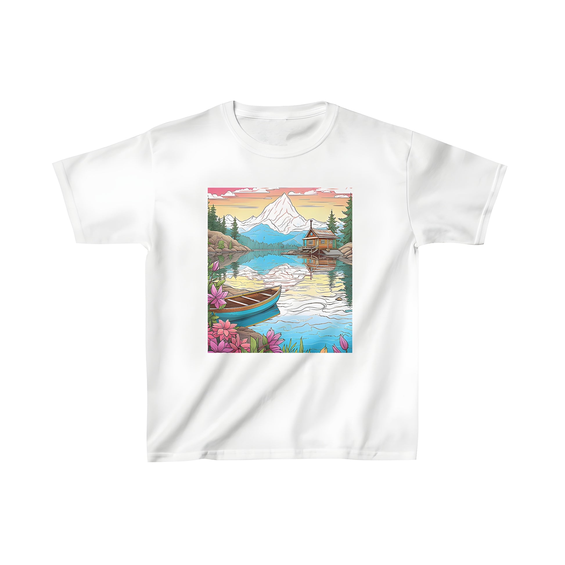 Colorful Lakeside Cabin design on a kid's t-shirt