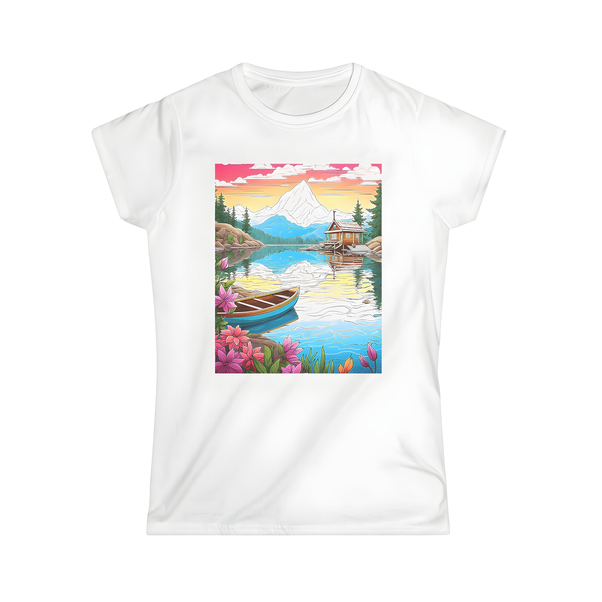 Women's lake house t-shirt featuring a serene lakeside cabin scene