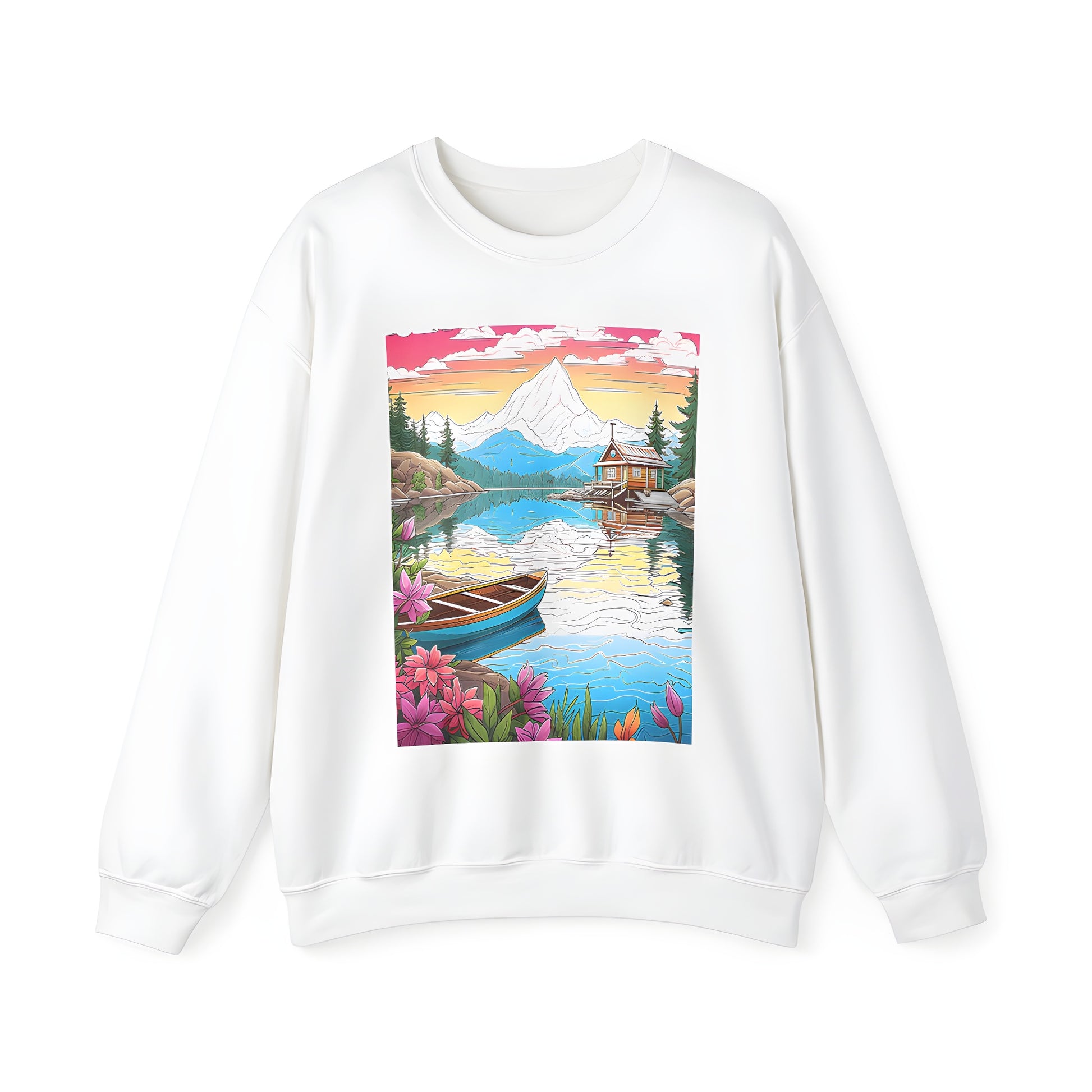 Adult sweatshirt featuring serene lakeside cabin scene design with wooden boat and colorful flowers at sunset