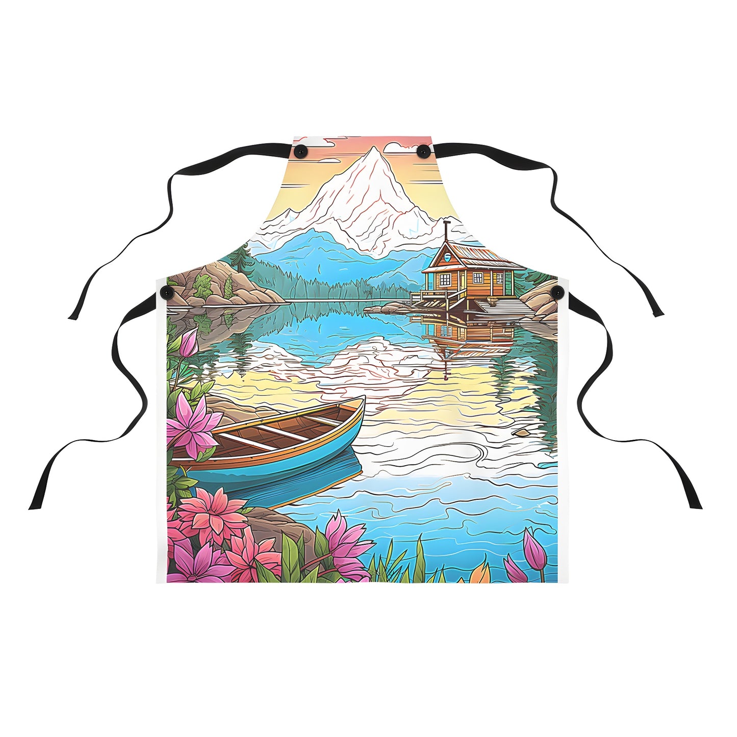 Colorful apron featuring a serene lakeside cabin scene with wooden details, boat, and vibrant flowers at sunset.