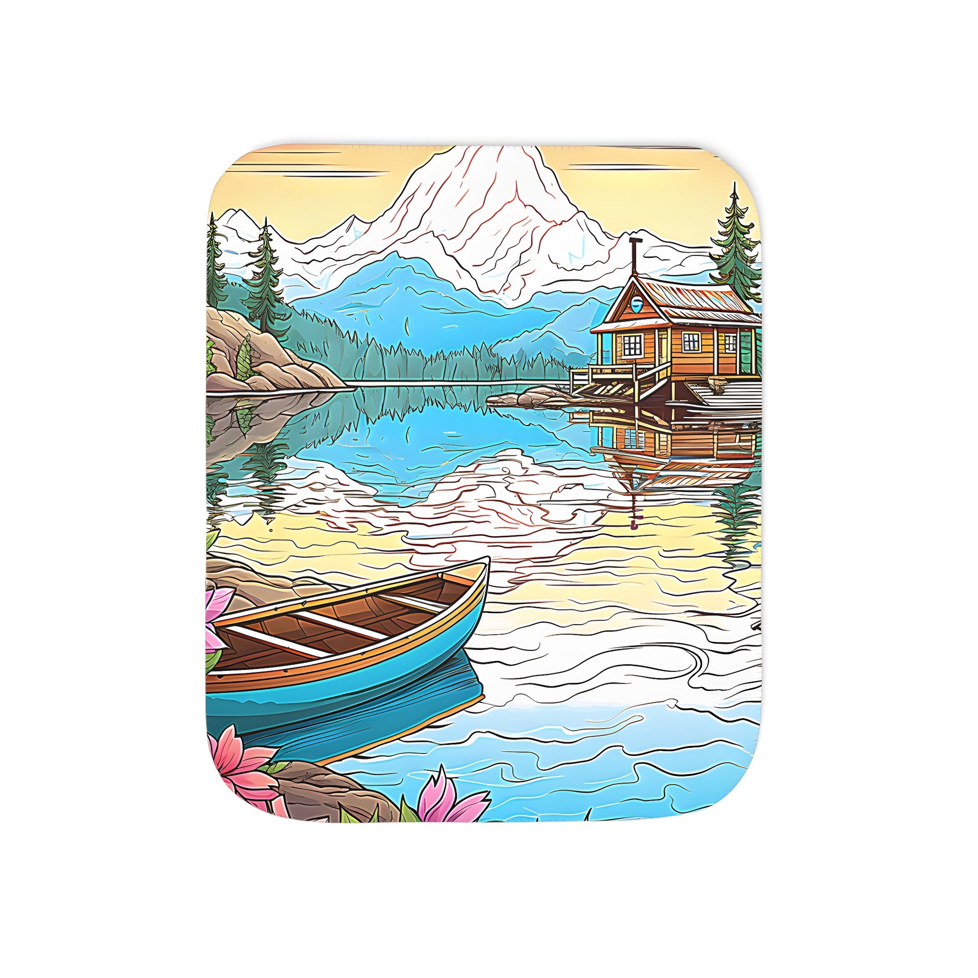 Cozy blanket featuring a serene lakeside cabin scene with colorful flowers and a wooden boat